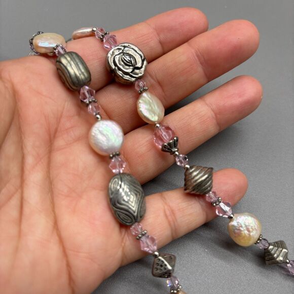 Artisan Silver Plated Bead Necklace Coin Pearl Pink Crystal Floral Toggle Clasp - Picture 6 of 9